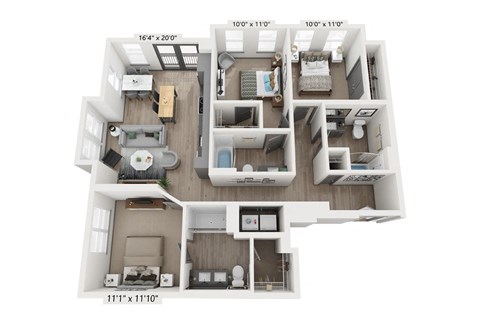 Floor plan for 3 beds, 3 baths, 1261 sqft
